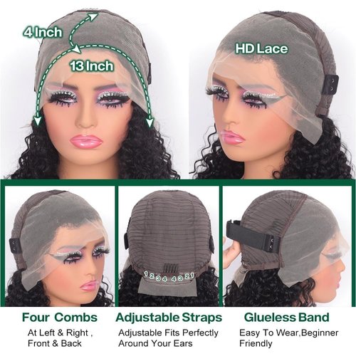 FCUFCU 16 Inch Deep Wave Bob Wig Human Hair 13x4 Frontal Lace Wig 200% Density Short Bob Wigs Human Hair for Black Women Glueless Curly Bob Wig With Baby Hair Natural Black