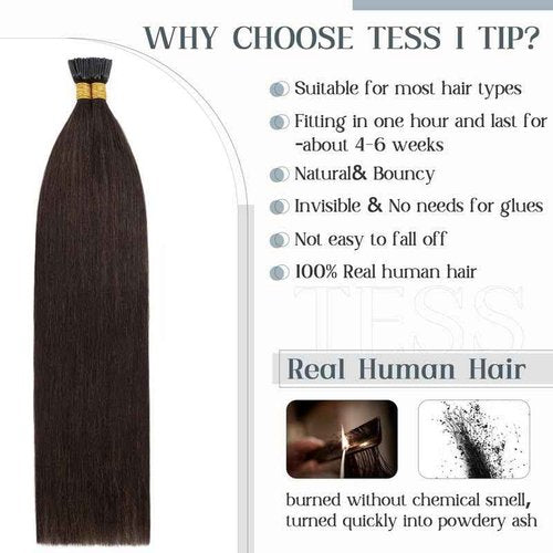 I Tip Hair Extensions Human Hair for Women TESS i tip hair extensions,fusion hair extensions human hair,50Gram/100 Strands Pre-Bonded,Silky Straight Dark Brown 18 inch