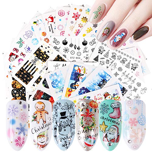 30 Sheets Christmas Nail Art Decals Snowflake Elk Snowman Nail Stickers Holographic Water Transfer Sticker Design for Women Girls Manicure Tips Charms Christmas Decoration Snow Nail Decal Supplies