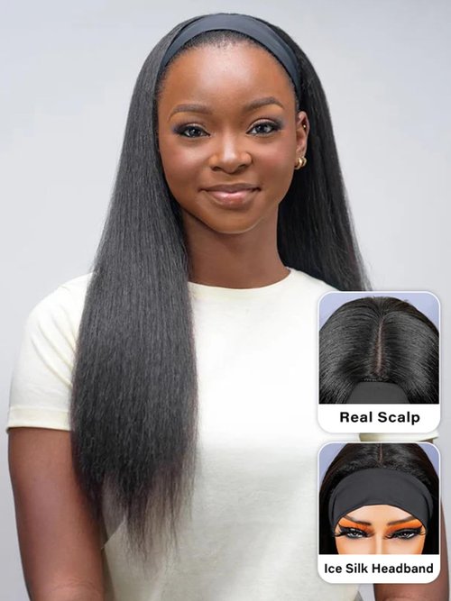 ORIGINAL QUEEN Kinky Straight Half Wig with Headband Human Hair No Lace Headband Wig Wear and Go Glueless Wigs Human Hair for Black Women 18Inch