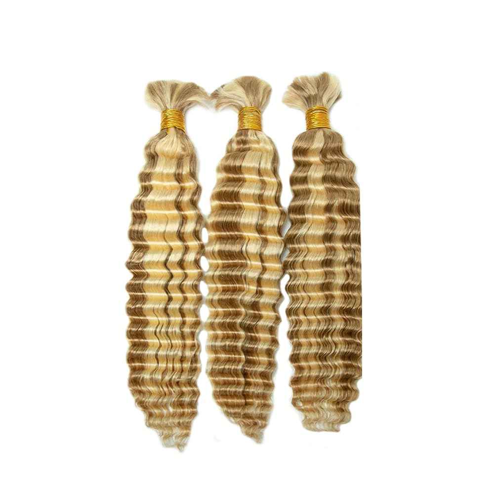 26 Inch P27/613 Highlight Blonde Human Braiding Hair for Boho Braids 150g Deep Wave Bulk Human Hair Knotless Boho Braiding Curly Virgin No Weft Extensions Bohemian Braids 3 Bundles/Pack Caramel