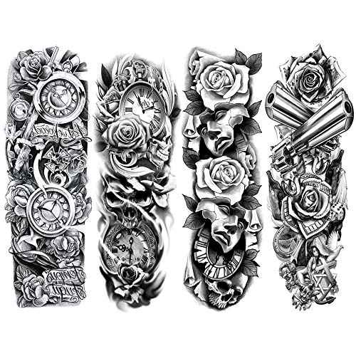 4 Sheets Black Full Arm Flower Clock Mask Rose Gun Cross Body Art Temporary Tattoo Stickers