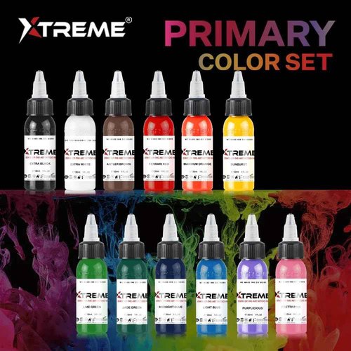 Xtreme Inks Primary Color Set, Comprehensive Color Set, Expertly Crafted Collection for Lifelike Tattoo Artistry, Perfect Blend of Hues, Expertly Formulated (Set of 12, 1/2 oz)
