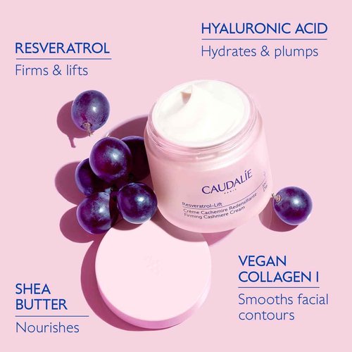 Caudalie Resveratrol-Lift Retinol Alternative Firming Cashmere Cream, Anti-Aging Moisturizer with Resveratrol, Hyaluronic Acid & Vegan Collagen, Refillable Jar - 50 mL