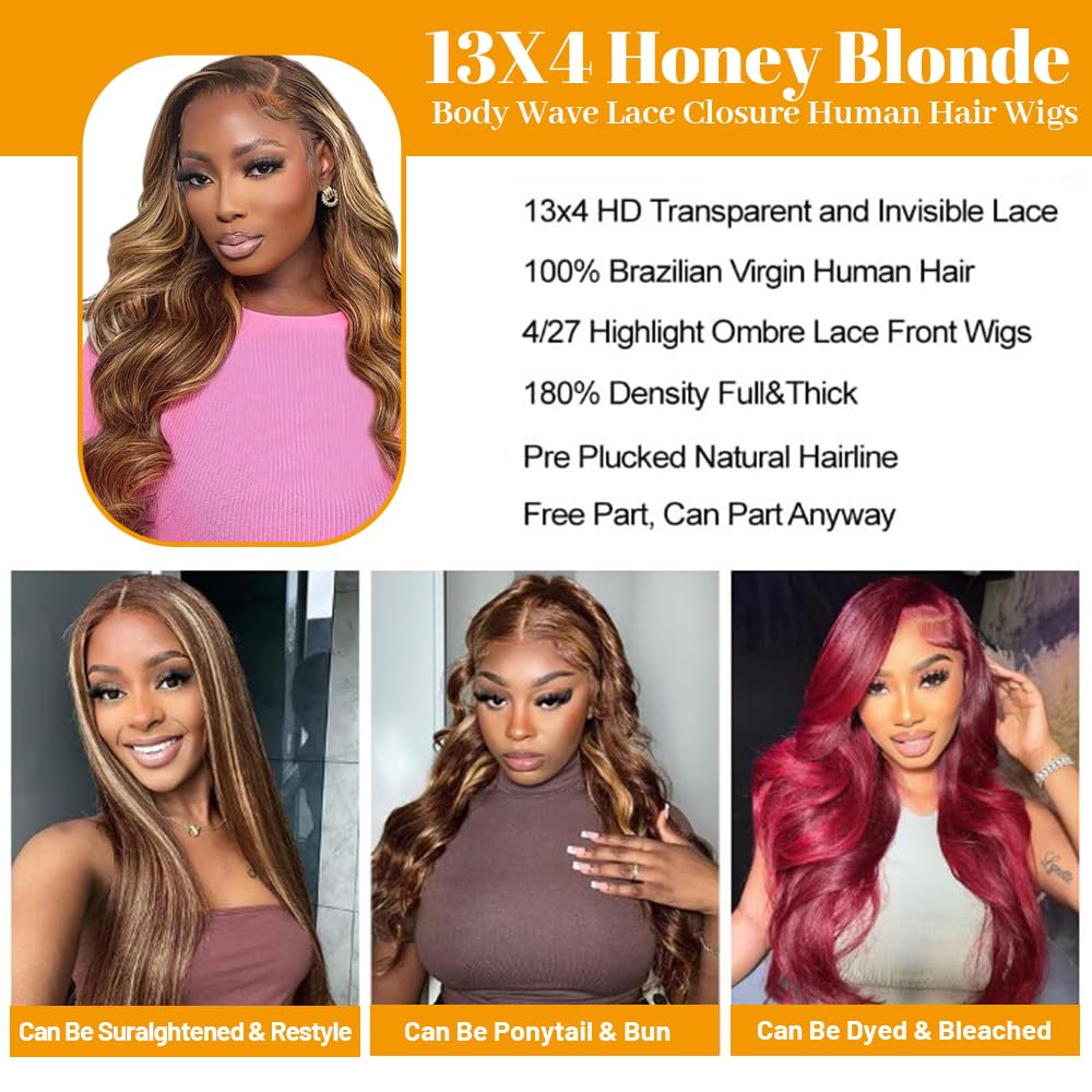 13x4 Lace Front Wigs Human Hair Body Wave Honey Blonde Wigs Human Hair Pre Plucked Honey Blonde 4/27 Colored Wig HD Transparent Lace Frontal 13x4 Body Wave Wigs Pre Plucked With Baby Hair 30Inch