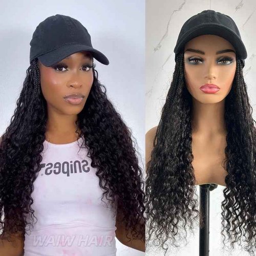 Hats Bohemian Crochet Boho Box with Human Hair Curly Ends Braids Hair Extensions Baseball Cap Wig With Braided Hair Cap Wig For Women Natural Color