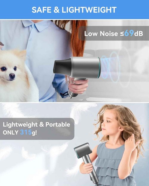 Yinole Hair Dryer Ionic Blow Dryer with Diffuser for Curly Hair, 1500W High-Speed Brushless Corded with 150,000 RPM, Fast Drying Low Noise Thermo-Control Hairdryer with Nozzle for Home Travel