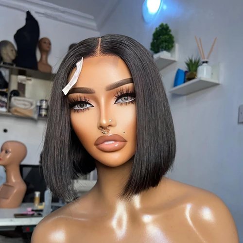 Real Skinlike 2X6 HD Crystal Lace Closure Wig Short Bob Human Hair with Thin Knots 180% Density Blunt Cut Bob Straight Natural Black Brazilian Remy Hair Swiss Lace Wigs For Woman Bleached Knots 8Inch