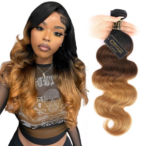 QTHAIR 16A Grade Ombre Body Wave Human Hair Bundles #1b/4/27 Color 24" 100g 100% Brazilian Body Wave Bundles Human Hair Extensions for Black Women