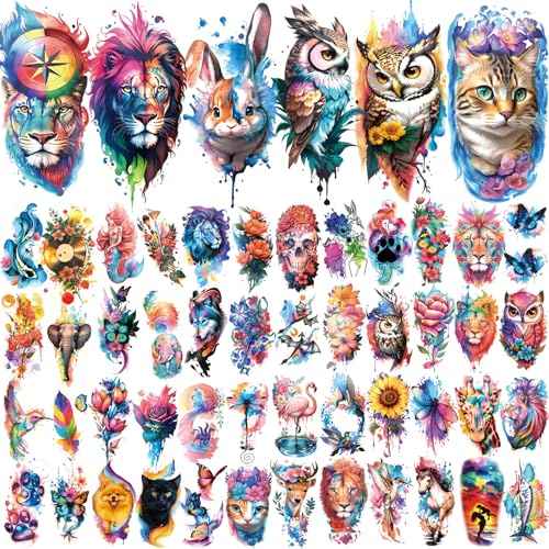77 Sheets Temporary Tattoo, 17 Sheets Half Arm Flower Lion Tiger Cat Owl Parrot Fake Tattoos for Adults Shoulder Neck, 60 Sheets Tiny Waterproof Temporary Tattoos Realistic for Women Girls and Kids