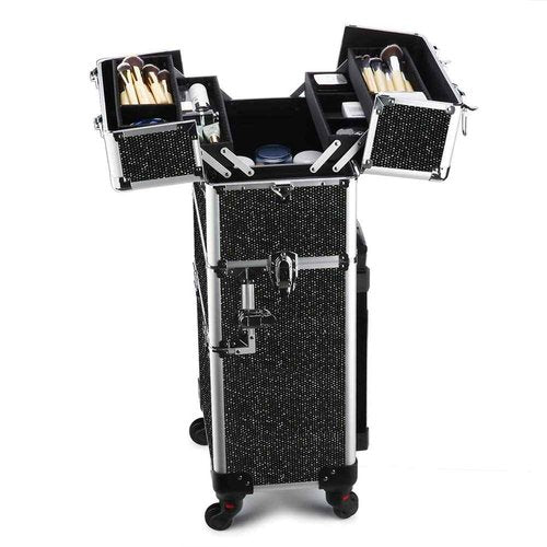 OUDMAY Makeup Case - 2 In 1 Aluminum Professional Rolling Cosmetics Storage Organizer With Locks and Folding Trays Black Diamond
