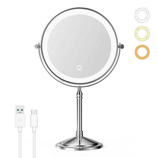 Nicesail Desk Mirror with Light 1X/10X Magnifying with 3 Color Dimmable Lights Desk Mirror, Cordless 360 Rotation 4000mAh Rechargeable, Double Sided Mirror for Desk, 8 Inch Standing Chrome Finish
