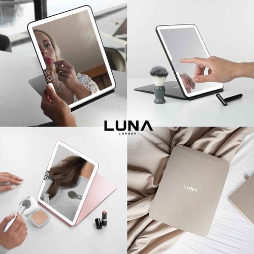 LUNA London Eclipse LED Lighted Travel Vanity Makeup Mirror | 3 Colour Light, Compact, Portable, Lighted, Rechargeable, Illuminated Mirror | Perfect for Travel, Makeup & Beauty Needs | Soft Stone