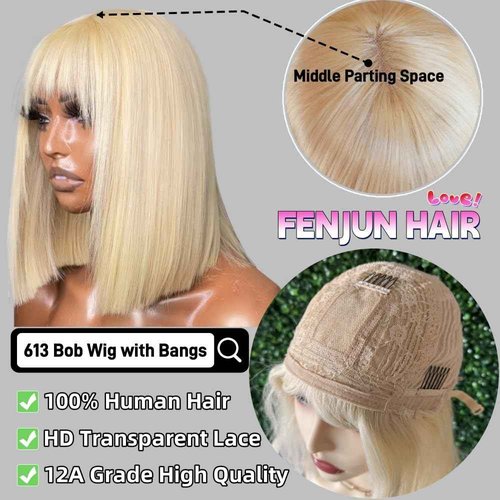 613 Blonde Bob Wig with Bangs Human Hair Realistic HD Lace on Top Straight 613 Wigs for Black Women 10 Inch Ready to Go Blunt Cut Glueless Bob Wig 150% Density Middle Parting
