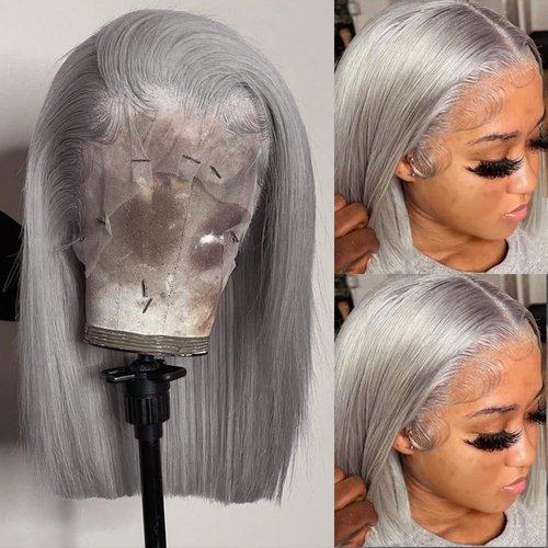 Silver Grey 13x4 Lace Front Bob Wig Brazilian Virgin Human Hair Wig Pre Plucked Hairline with Baby Hair UHD Transparent Lace Natural Looking Glueless Wear and Go Gray Wigs for Women 14 Inch