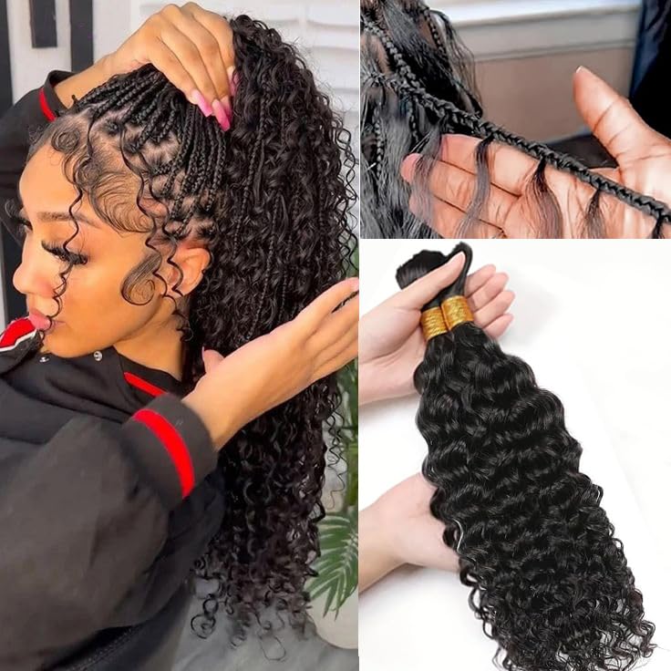 Human Braiding Hair 2 Bundle 100G 26 Inch Deep Water Wave Bulk Human Hair for Braiding No Weft 10A Bohemian Hair Virgin Curly Human Hair Extensions for Boho Braids Wet and Wavy Braiding Hair