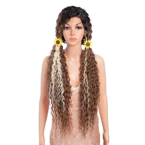 Style Icon 36”Super Long Curly Wig C-Shaped Side Part Lace Wig Afro Baby Hair Synthetic Highlight Blonde Wigs