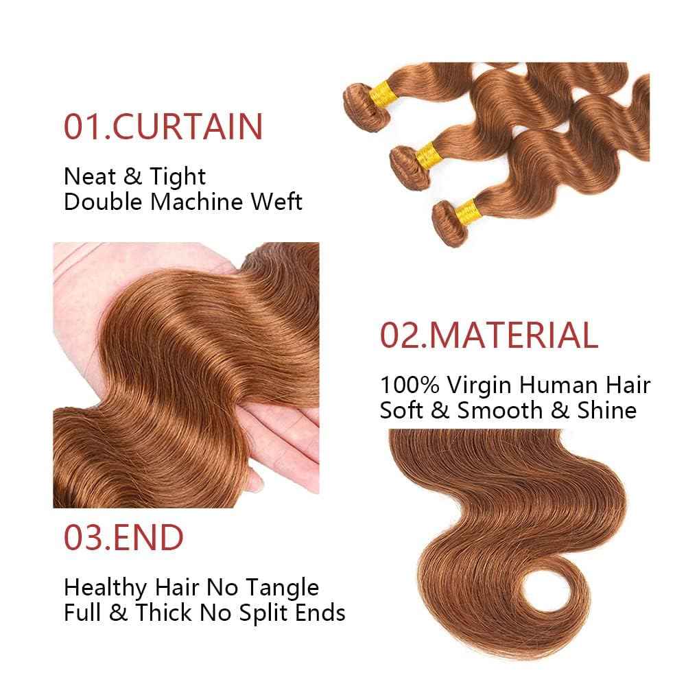 Giginger Brazilian Human Hair Bundles 24 26 28 Inch Color 30 Light Brown Body Wave Bundles Human Hair Unprocessed Virgin Quick Weave Hair for Black Women