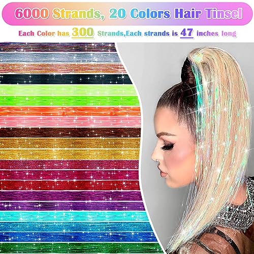 6000 Strands Hair Tinsel Kit in 20 Colors, Glitter Tinsel Hair Extensions Kit Heat-resistant, Fairy Hair Tinsel Tool for Shiny Hair Extension, Women Girls Hair Accessories at Party