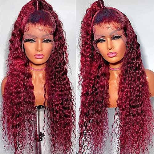 99j Burgundy Lace Front Wigs Human Hair 13x6 Deep Wave Lace Front Wigs Human Pre Plucked 180 Density HD Transparent Red Colored Wigs for Women with Baby Hair 20 Inch