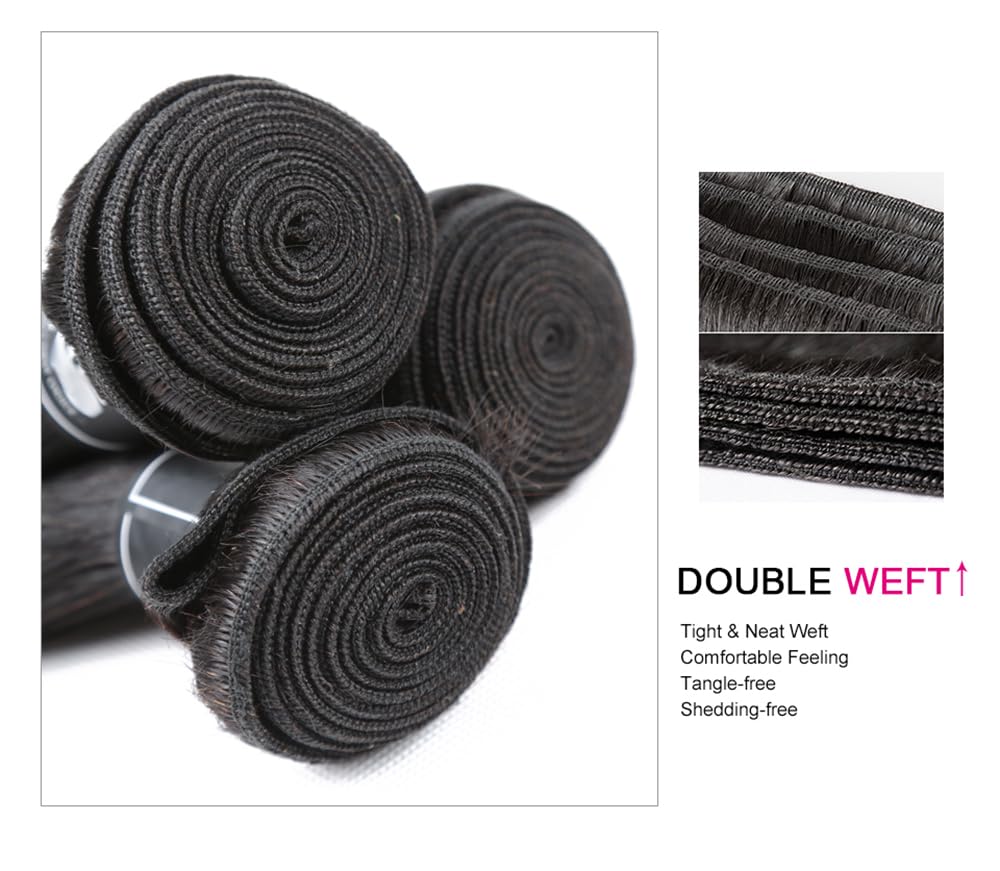 Human Hair 3 Bundles with Closure Straight 100% Unprocessed Virgin Brazilian Hair Bundles with 4x4 Lace Closure Free Part, Double Weft 10A Hair Weave Extensions (16" 16" 16" + 12" Closure)