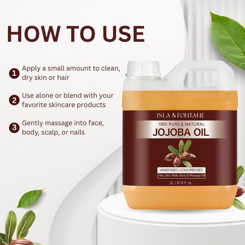 ISLA & FONTANE Jojoba Oil Set – 67.6 Fl Oz (2L) | 100% Pure & Natural | Golden, Unrefined, Cold Pressed | 2 Dropper Bottles & Massager | Hexane-Free Carrier Oil for Skin, Hair, Face, Nails & Body