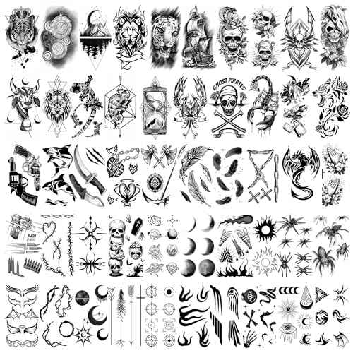 Cerlaza 112 Sheets Temporary Tattoos for Adult Men, Fake Tattoos for Neck Arm Finger, Tatuajes Temporales Tiger Wolf Lion Dragon Halloween Tattoo Stickers