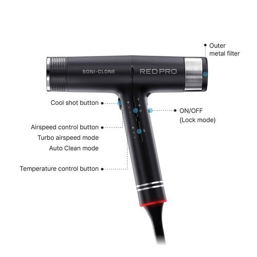 RED Pro Hair Dryer Soni-Clone 110,000 RPM High Speed BLDC Motor Dryer, Strong Air Flow for Fast Drying, Lightweight with Luxury Home & Travel Pouch, Magnetic Nozzle Hair Pik, Diffuser & Concentrator