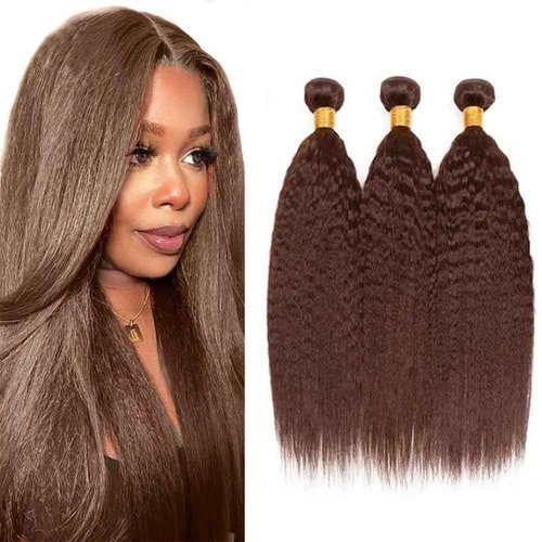 FuivJuix #4 Brown Bundles Yaki Straight Bundles Human Hair 34 34 34 Inch Brazilian Virgin Hair Chocolate Kinky Straight Bundles Human Hair Extensions 3 Bundle 50 Gram Per Bundle