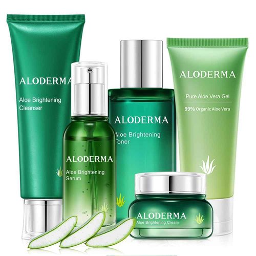 Aloderma Signature Aloe Brightening Set - 6 Pieces - Gel, Cleanser, Toner, Serum x2pcs, Cream