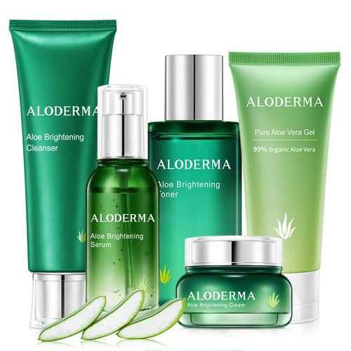 Aloderma Signature Aloe Brightening Set - 5 Pieces - Gel, Cleanser, Toner, Serum, Cream