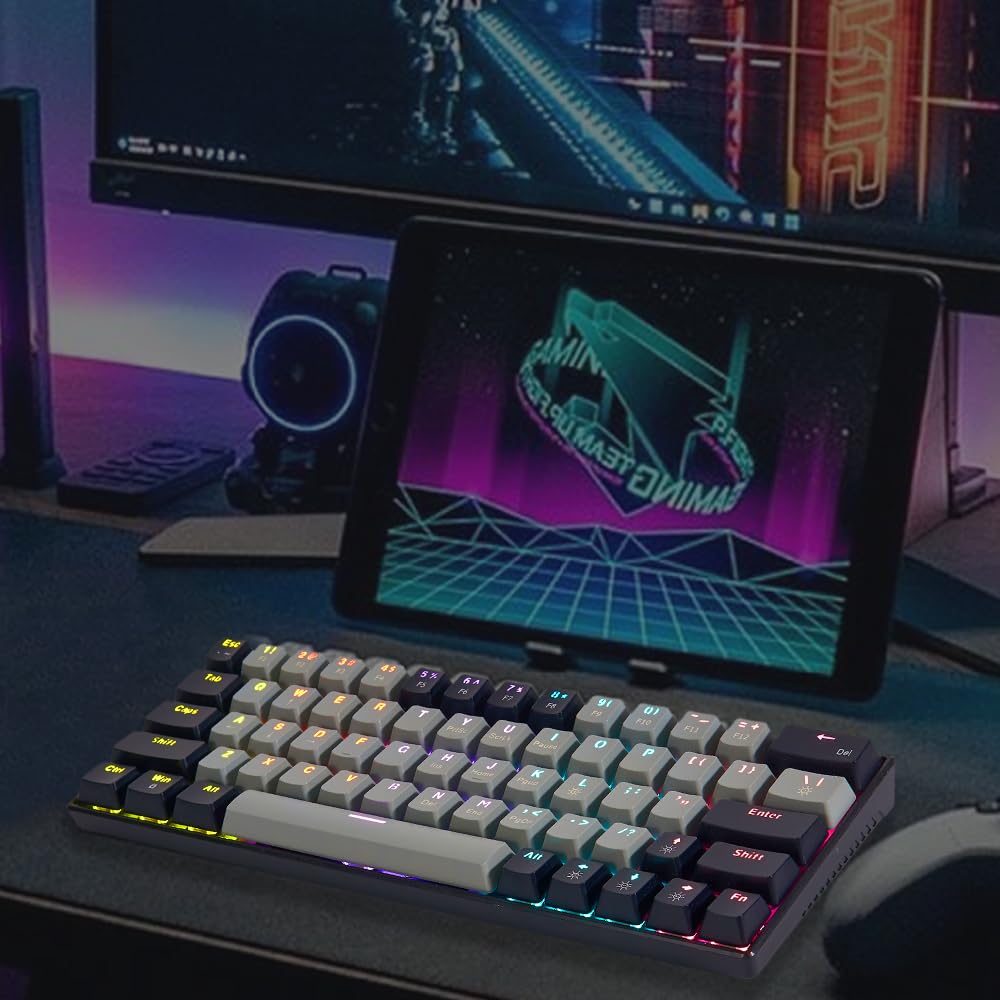 abucow Mechanical Keyboard Wired 60% Gaming Keyboard with Colorful Backlit Custom 63 Swappable keycaps (Gray-Black)
