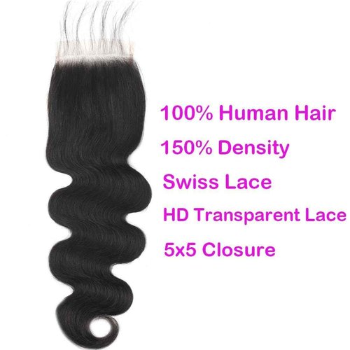 5x5 Transparent HD Lace Closure Body Wave Human Hair Lace Closure Invisible 12A Brazilian Virgin Human Hair Closure Free Part 5x5 100% Real Closure Pre Plucked Natural Black 22 Inch