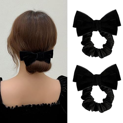 Black Bows for Women Girls 2Pcs Velvet Bow Scrunchies for Long Thick Curly Hair Ultra Soft Satin Scrunchy Hair Ties Cute Elastic Hair Bands Bowknot Ponytail Holders Cute Hair Accessories