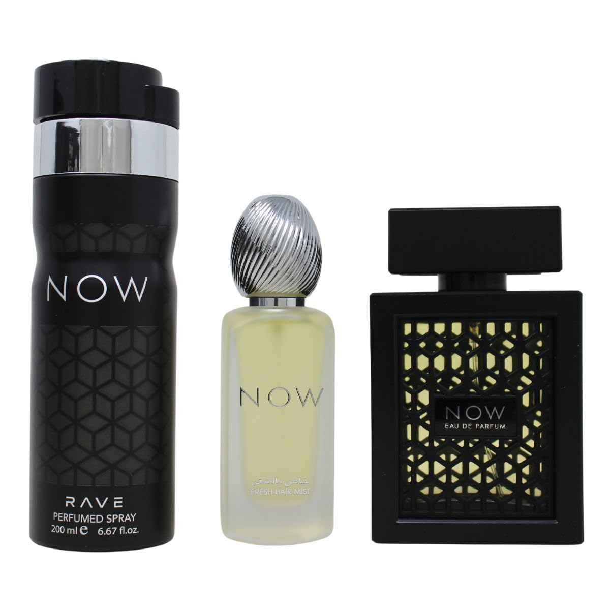 Lattafa Rave Now for Men 3 Piece Set (3.4 Oz Eau de Parfum Spray + 1.7 Oz Hair Mist + 6.7 Oz Deodorant Spray)