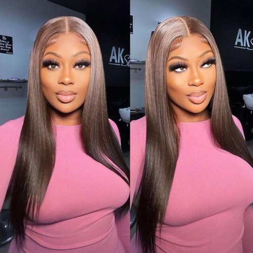 sterly 13x6 Straight Wigs Chocolate Brown Transarent HD Lace Front Wigs Human Hair with Baby Hair 180 Density Straight Glueless Wigs Pre Plucked Hairline 4# Brown Color (22 Inch, 4 Brown)
