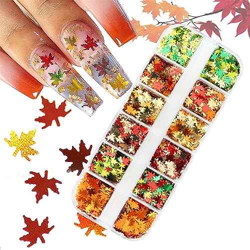 12 Colors Fall Nail Art Stickers Maple Leaf Nail Glitter Sequins 3D Nail Art Accessories Autumn Leaf Shape Flakes Holographic Gold Red Yelloween Maple Leaves Paillettes Designs Acrylic Nails Supplies