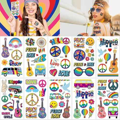 100PCS Groovy 70s Temporary Tattoos-10 Sheets Hippie Tattoo Stickers for Fan Birthday Party Decorations Hand Tattoo Party Favor Party Supplies Gifts for Kids Boy Girl Adult Pretty Christmas Gift