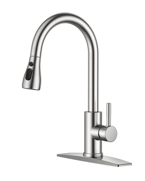 FORIOUS Kitchen Faucets with Pull Down Sprayer, Brushed Nickel, High Arc Single Handle Classic Stainless Steel Sink Faucet 1 or 3 Hole, Suitable for Farmhouse Camper Laundry Rv Bar