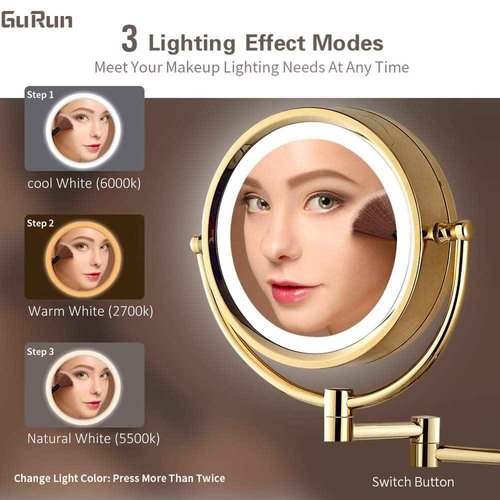 GURUN 8.5 Inch Magnifying Makeup Mirror with 3 Tones LED Lights Double Sided Vanity Mirror for Bathroom with 10X Magnification M1809DJ (Gold 10X)