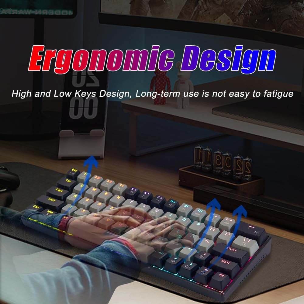 abucow Mechanical Keyboard Wired 60% Gaming Keyboard with Colorful Backlit Custom 63 Swappable keycaps (Gray-Black)