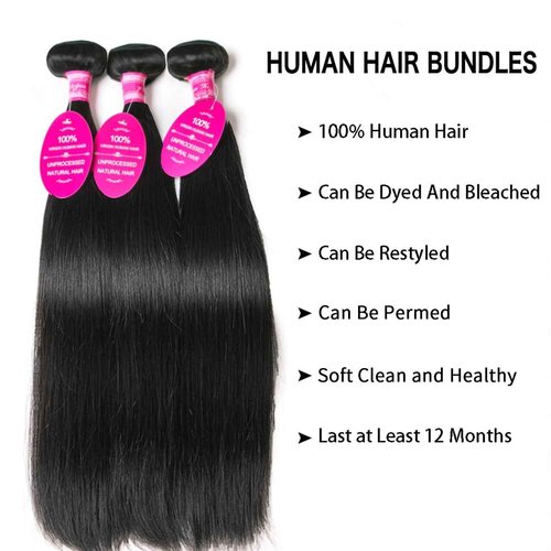 12A Straight Bundles Human Hair 18 20 22 Inch 3 Bundles Double Weft Brazilian Hair Extensions Straight Human Hair Bundles 100% Unprocessed Virgin for Women Natural Color