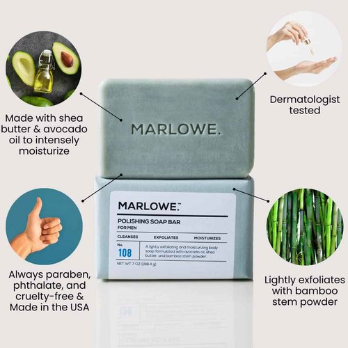 MARLOWE. No. 123 Men's Facial Moisturizer 6 oz | MARLOWE. 002 Extra Moisturizing Body Lotion 15 oz | MARLOWE. No. 108 Polishing Soap Bar | MARLOWE. No. 127 Mens Eye Cream