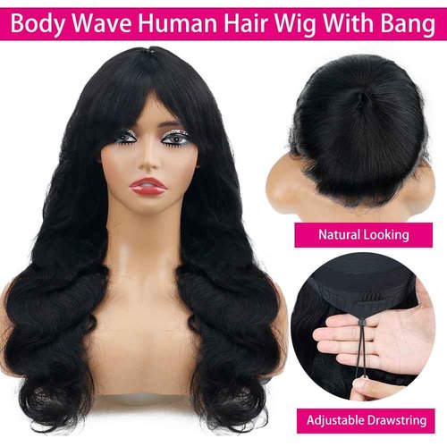 Sooolavely 20 Inch Body Wave Wigs with Bangs Human Hair Wig for Women Machine Made None Lace Front Wigs 180% Density Brazilian Virgin Human Hair Glueless Wig with Adjustable Drawstring Natural Color