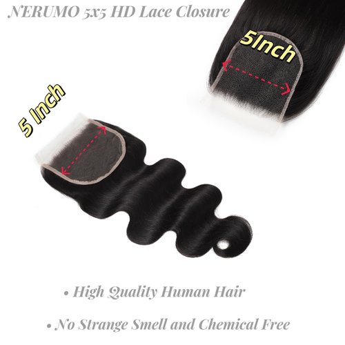 5x5 HD Lace Closure Body Wave Transparent HD Lace Closure Human Hair 12A Brazilian Virgin Human Hair Closure Free Part Pre Plucked with Baby Hair Natural Color 22 Inch