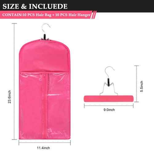 20pcs Hair Extensions Hanger Bags with Wooden Hanger Dust proof Wig Storage Bag Portable Hair Extension Storage Bag Strong Holder Wigs Carrier Bags With Zipper (Black+Pink)
