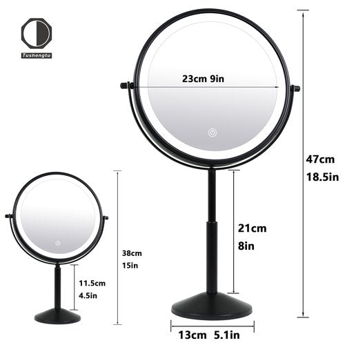 TUSHENGTU 9" Black Magnifying Vanity Mirror - Height Adjustable, Rechargeable, 360 Double Sided with 3 Color Lights