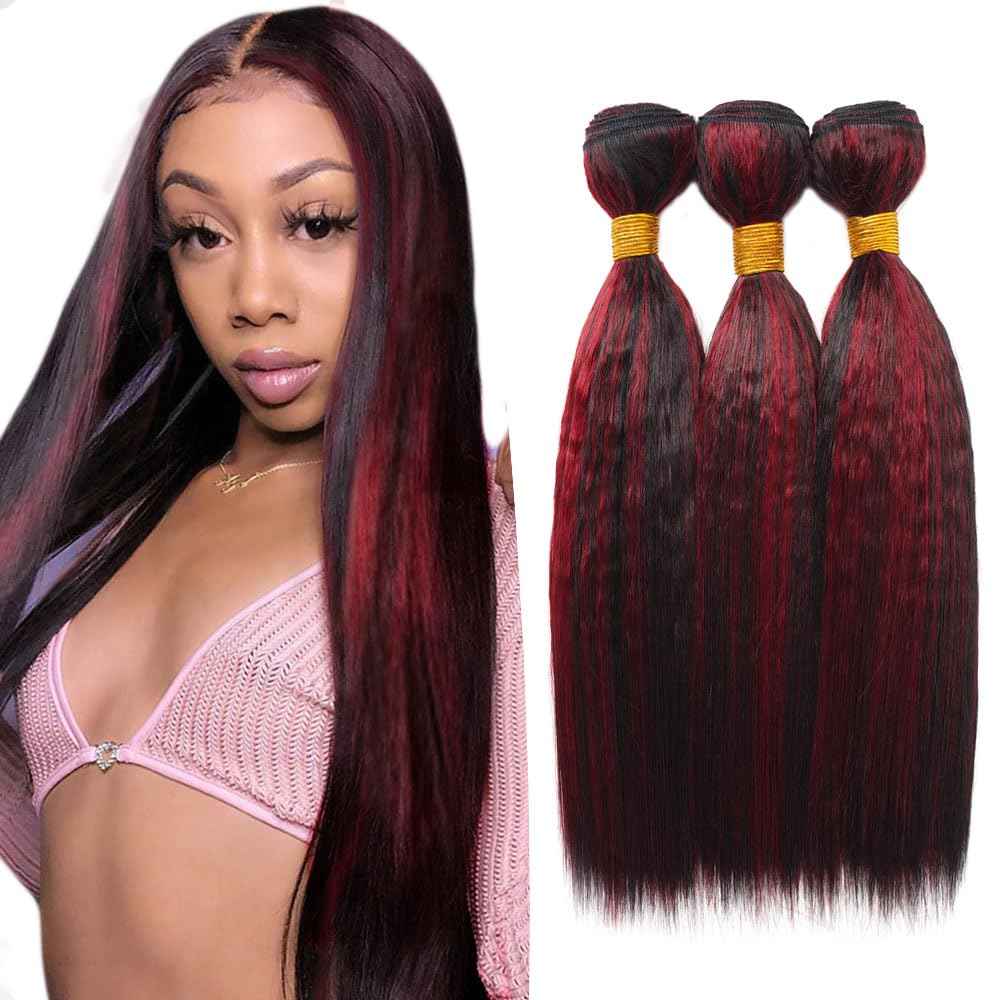 Highlight P1B99J Straight Bundles Ombre Burgundy Human Hair Bundles Grade 8A Brazilian Remy Hair Weaves Extensions Black Mixed With Wine Red Color For Women 10 12 14 Inch
