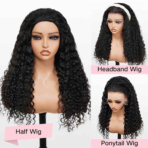 BGM GIRL Half Wig Human Hair Water Wave 3 in 1 Wigs Beginner Friendly Flip Over Drawstring Glueless Wig Ready to Go Seamless Clip in Wigs Natural Black Color 18 Inch
