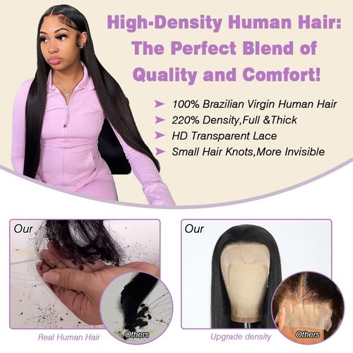 Beauty Queen 13x4 Lace Front Wigs Human Hair Straight 16 Inch Human Hair Wig Pre Plucked 220 Density HD Lace Frontal 16A Real Remy Human Short Hair Glueless Wigs for Women Natural Black Color
